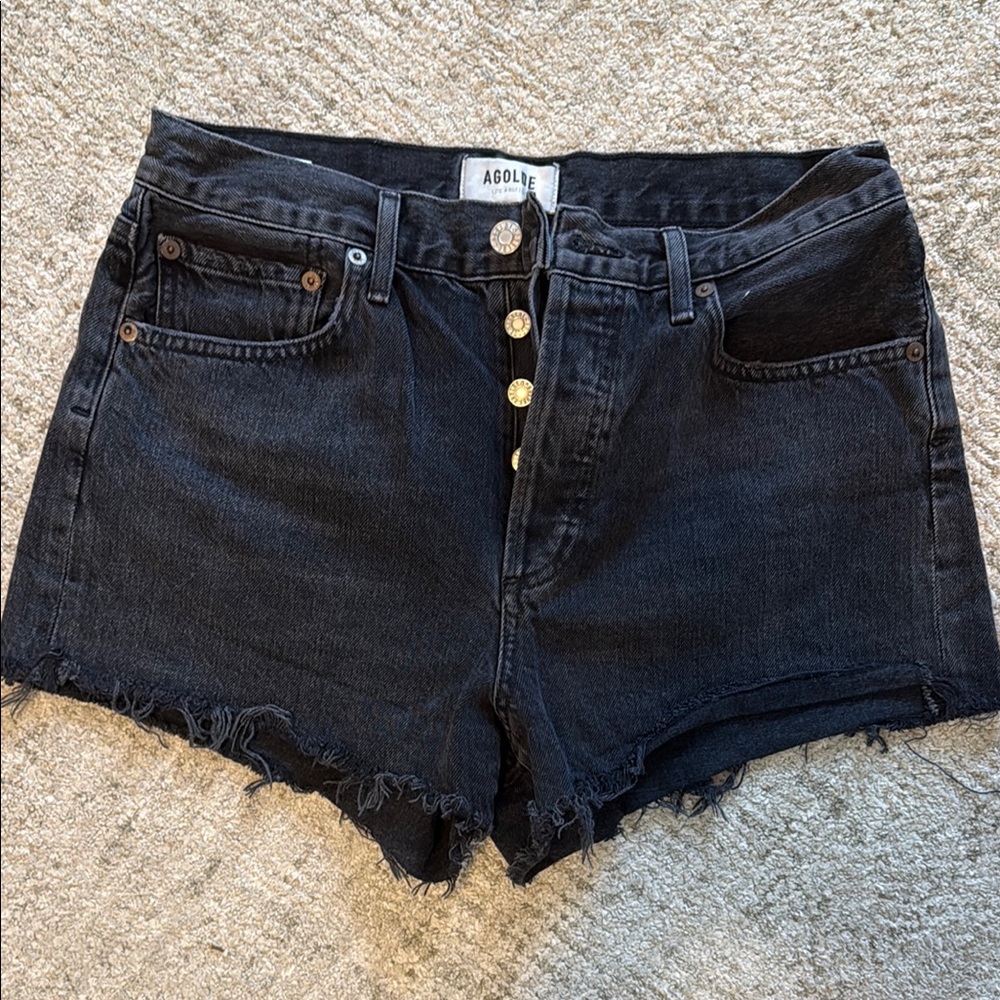 Agolde Dark Denim Jean Shorts with Raw Hem